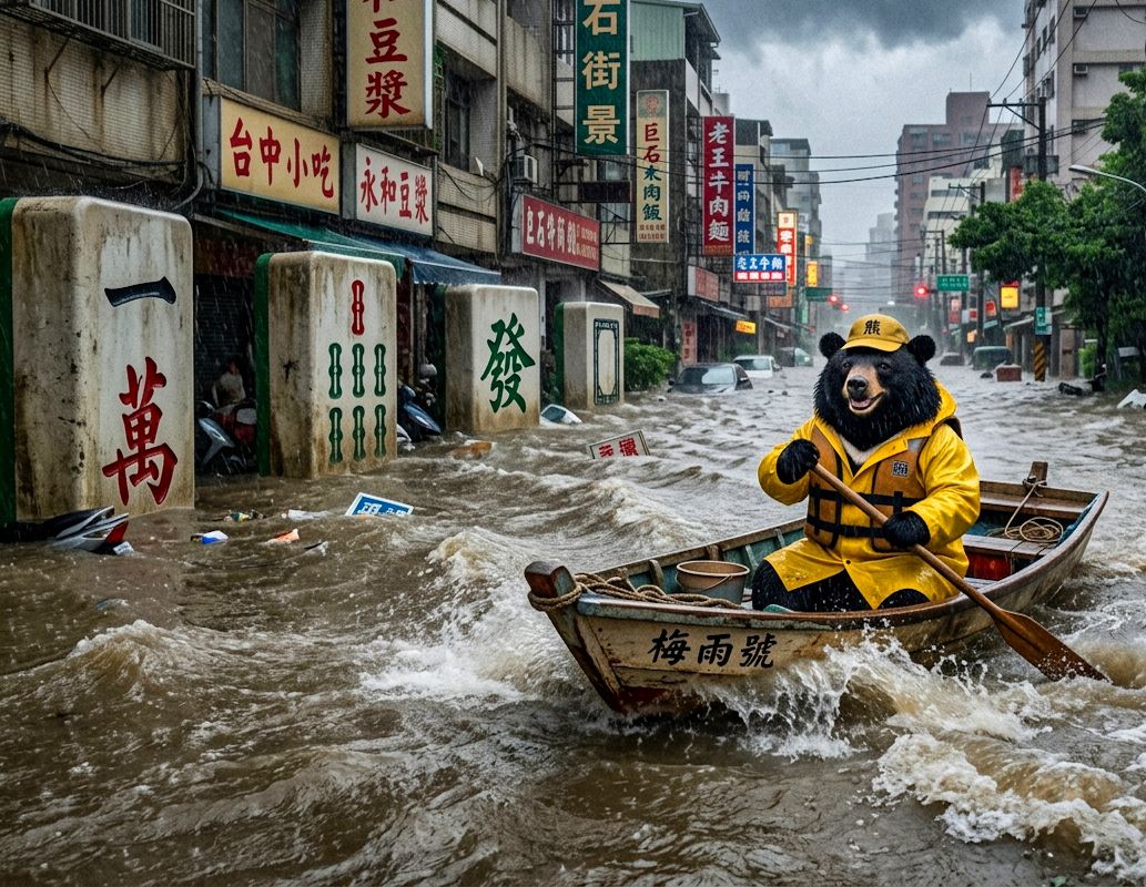 台灣熊愛打麻將,台灣黑熊打麻將,台中中港路水上移動式麻將館,台灣黑熊水上樂園搓麻將,台中梅雨季限定水上麻將爭霸戰,打麻將比水上樂園還好玩,台中梅雨季出門划槳,台灣黑熊一邊衝浪一邊碰,台中中港路大淹水直接變成威尼斯,台中水上麻將開打,台灣梅雨季揪團打麻將
